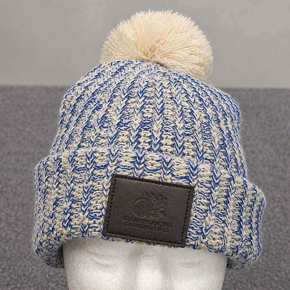 Aanjibimaadizing Blue Cream Pom Beanie Leather Patch Native Hat Acrylic Ojibwe